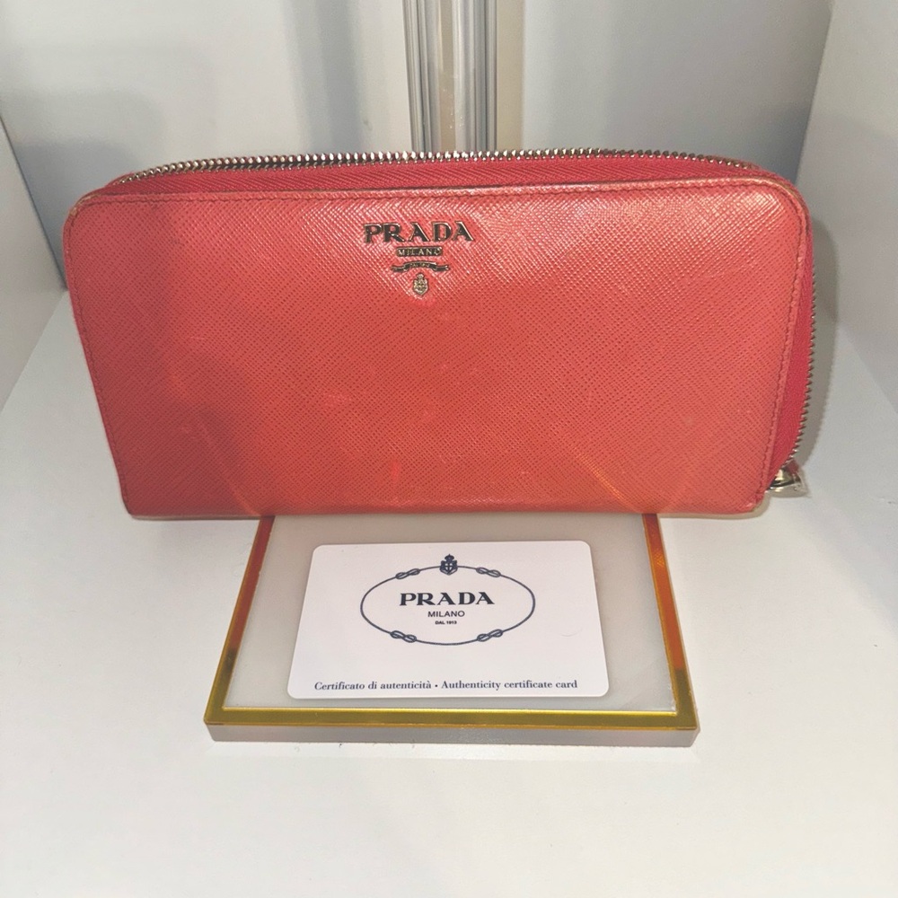 Authentic Prada Saffiano Leather Zip Wallet Pink | Card Included